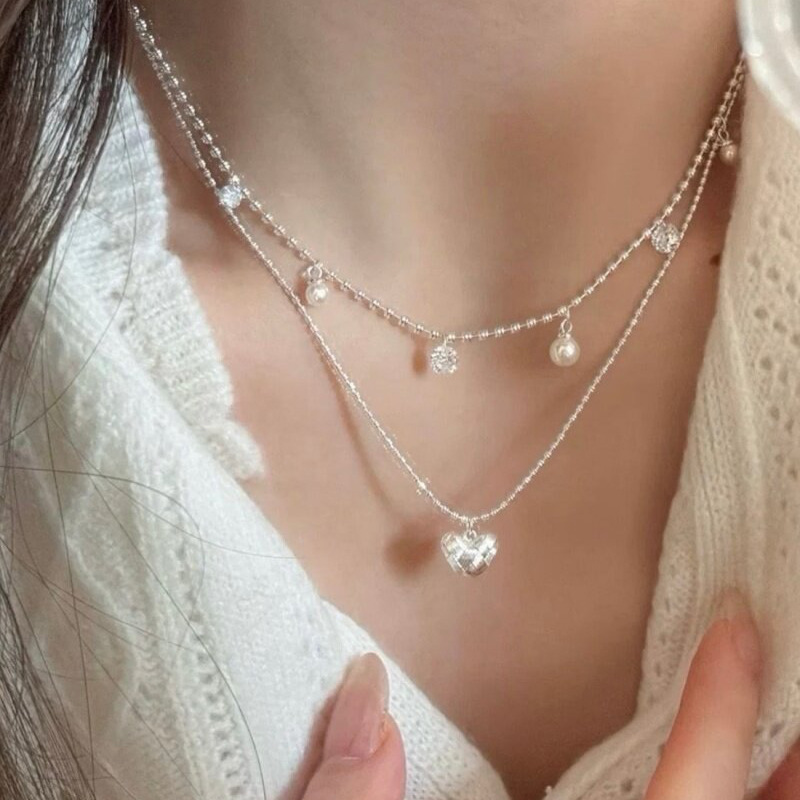 Layered Pendant Necklace Aesthetic - قلادة شوكر بخرز فضي مزدوج الطبقات