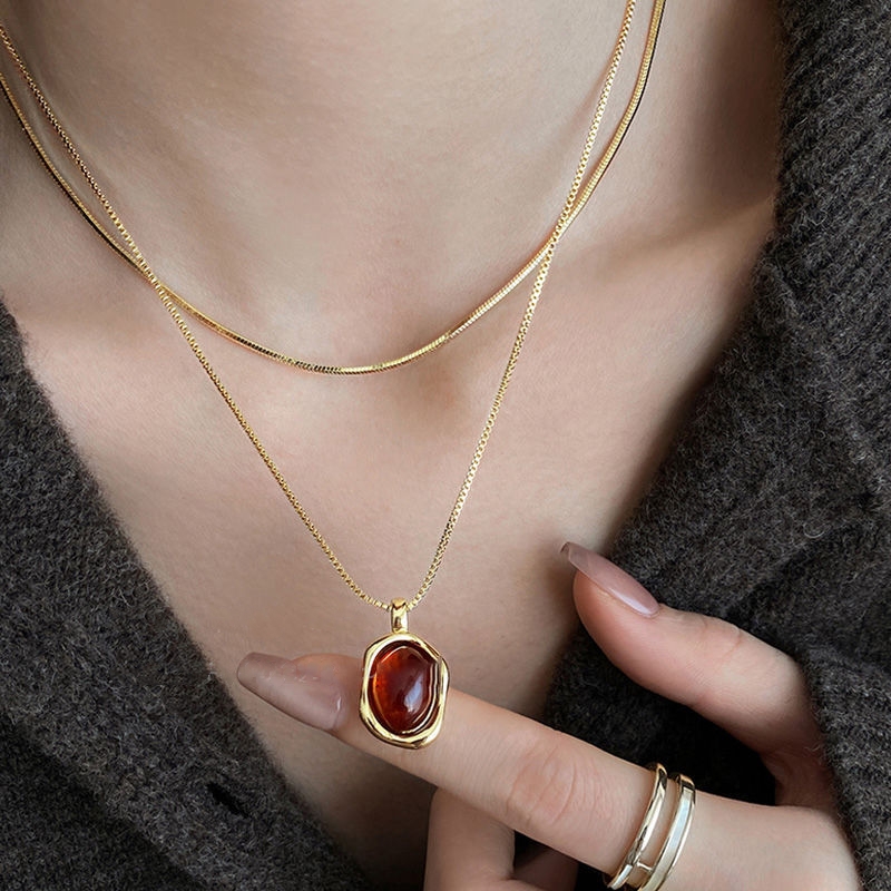Layered Pendant Necklace Aesthetic - موضة خمر طبقة مزدوجة طبيعة حجر