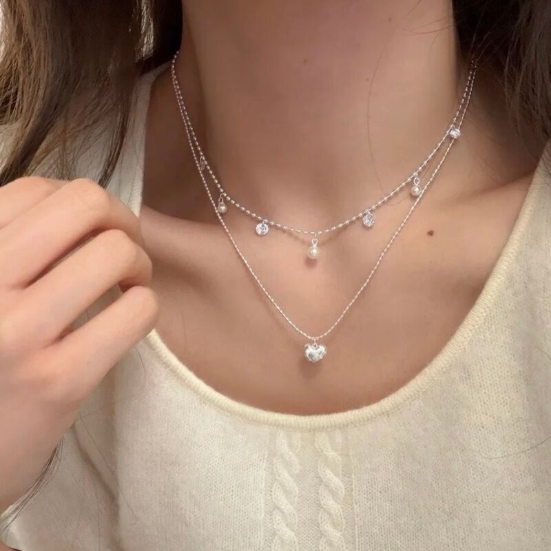 قلادة شوكر بخرز فضي مزدوج الطب - مراجعة Layered Pendant Necklace Aesthetic وسعره